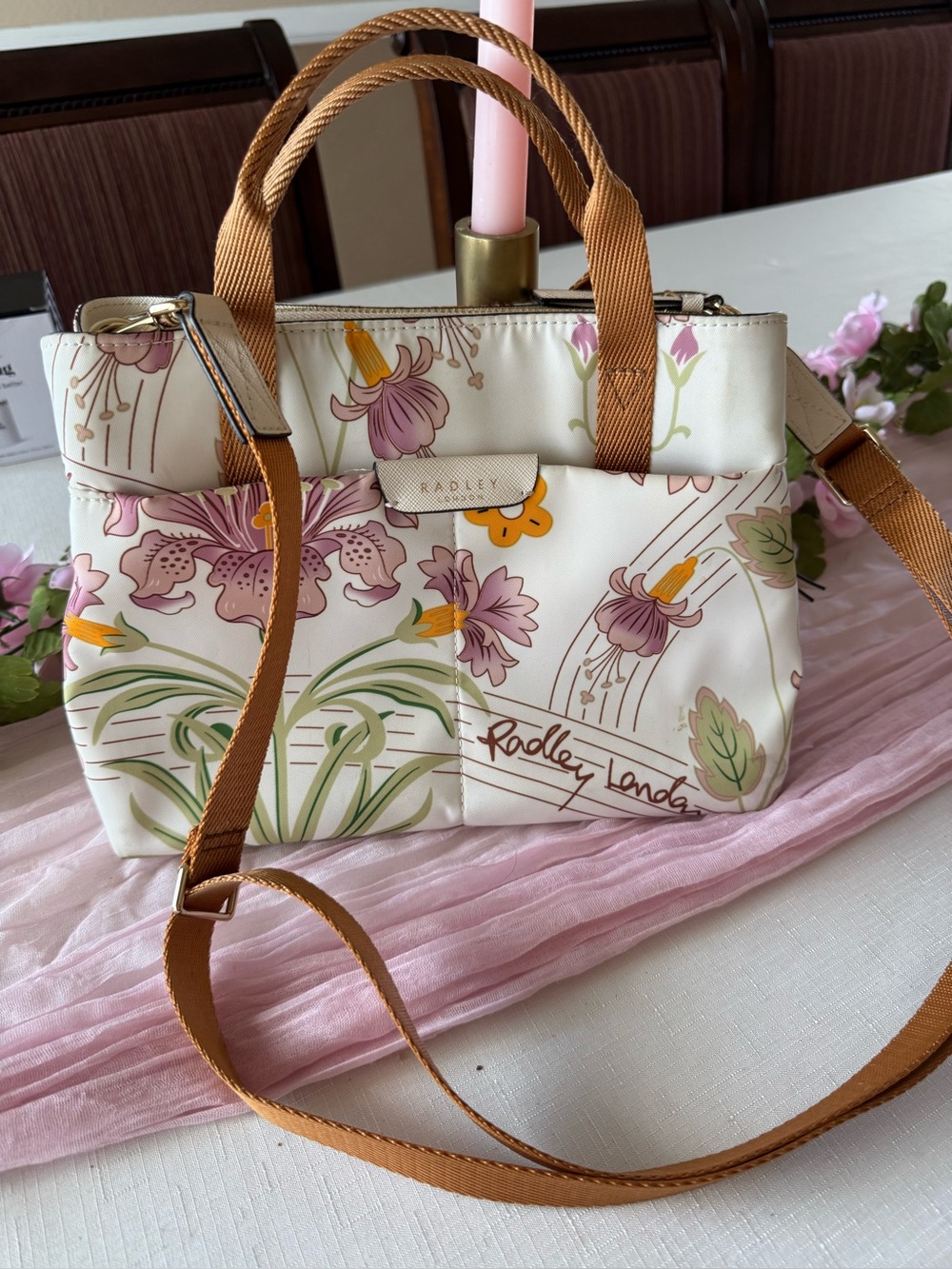 RADLEY LONDON Cream Floral Crossbody with Tan Strap